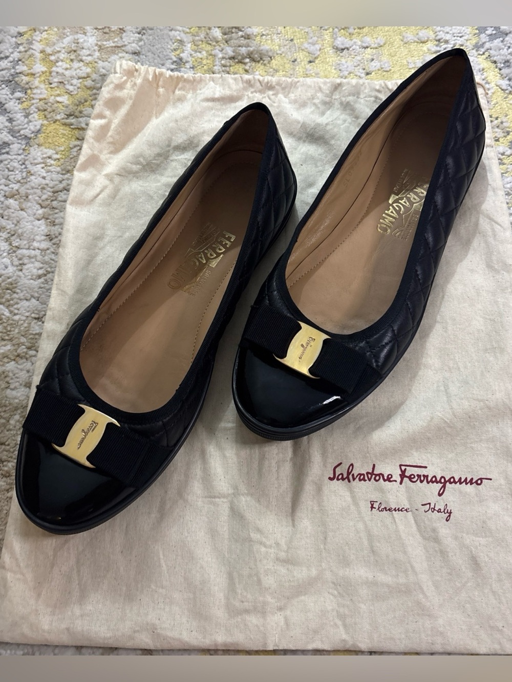 Ferragamo Rufina Quilted Black Ballet Flats Sneaker Sole 10H With Dust Bag Bow